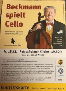 Am Freitag, dem 18. Dezember 2016, findet um 19.30 Uhr ein Benefizkonzert mit dem Titel 'Beckmann spielt Cello' in der Petrusheimer Kirche statt