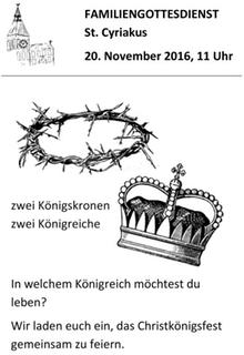 Am Sonntag, dem 20. November 2016, feiert die Kirche das Christkönigsfest