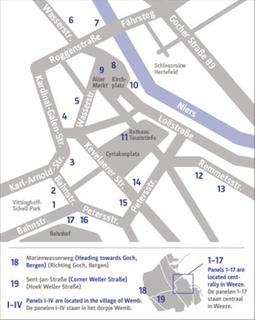Overzichtsplattegrond met locaties van de historische borden in Weeze