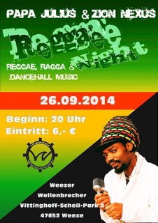 Plakat zur Reggae Night am 26.09.2014 im Weezer Wellenbrecher