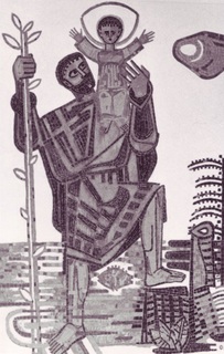 The life-sized portrayal of St. Christopher with Jesus as a child was located in the break room since 1960. The mosaic was designed by the Weeze artist Johannes Mennekes (1911 – 1983) and created by the school children. In 2004 the mosaic was carefully rebuilt on the edge of the Schulstrasse (school street)
