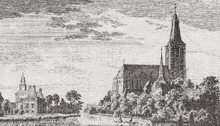 Hertefeld Manor and the Sankt Cyriakus Church as seen from the north. A copperplate etching by P. van Liender from a drawing by Jan de Beijer, 1743