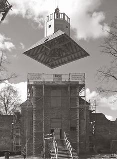 Hertefeld Manor, mounting of the baroque tower cover, April 2005.