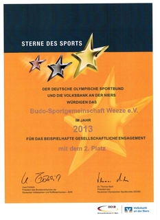 Urkunde Sterne des Sports - Budo Weeze belegt 2. Platz auf Kreisebene